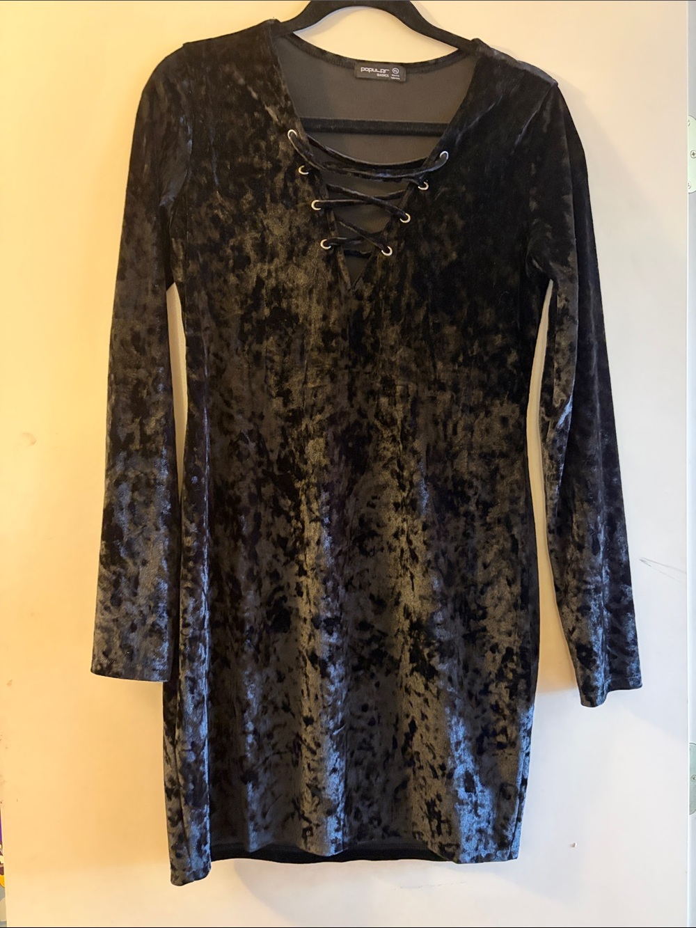 Popular Basics Black Crushed Velvet Lace-Up Long Sleeve Dress